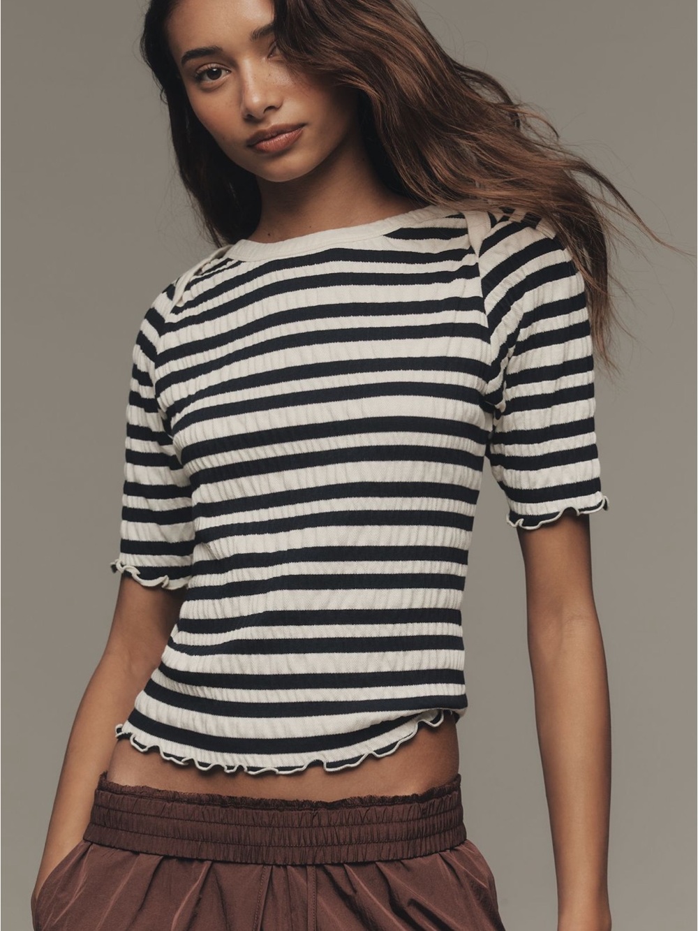 Nation Los Angeles April Ruched Half-Sleeve Top in Crinkle Stripe NEW Size Large